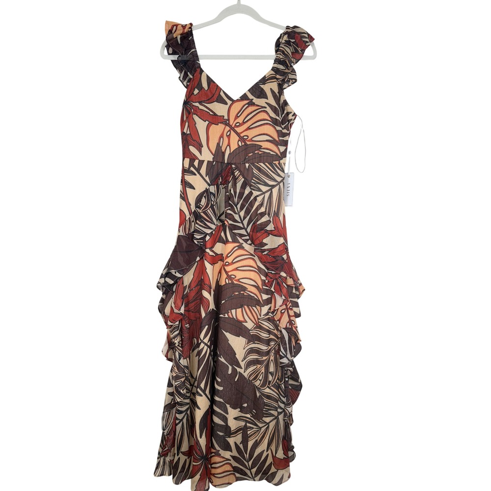 Siena Tropical Leaf Ruffle Maxi Dress Womens 2 New NWT MSRP $148